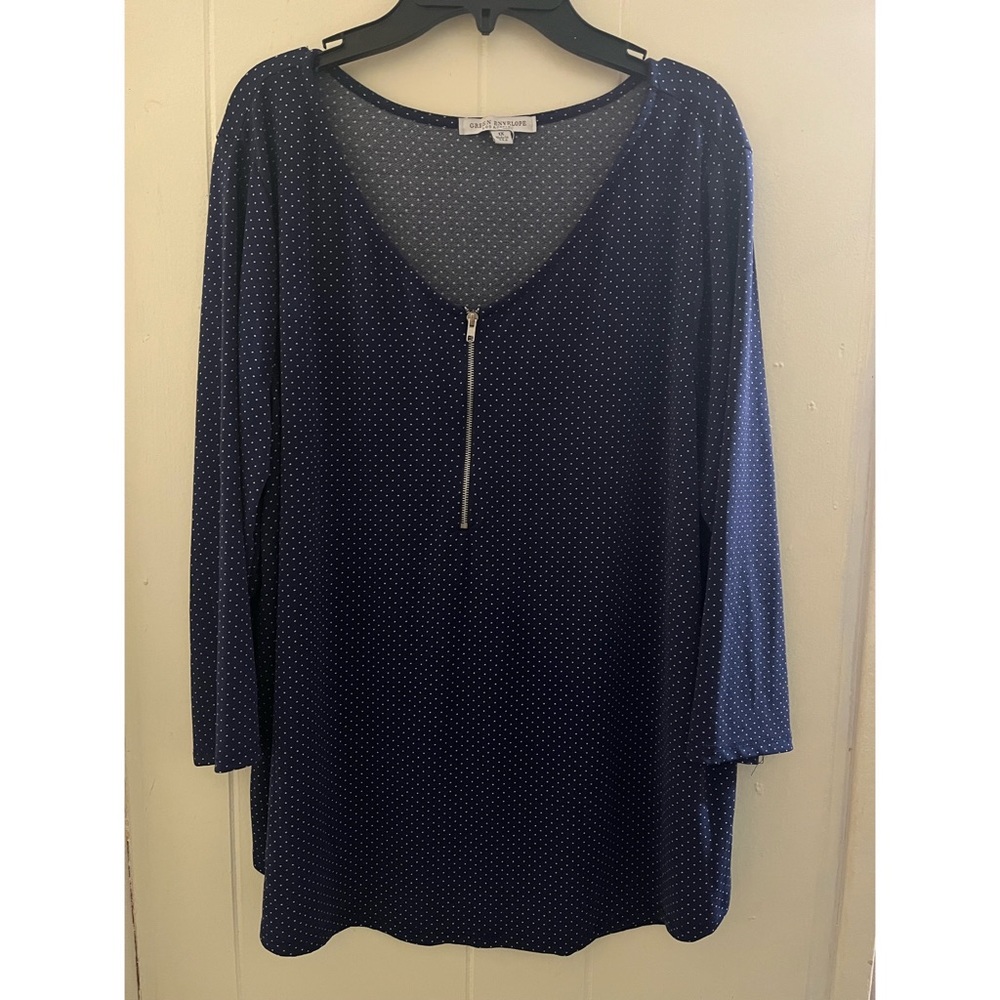green envelope blue with white polka dot zipper blouse